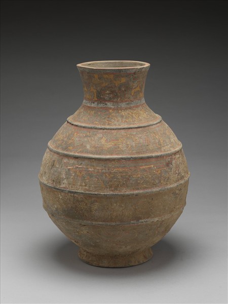 灰陶加彩宴樂紋壺