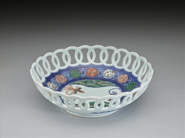 日本 有田窯 青花五彩鳳凰紋鏤空盤