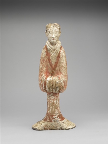灰陶加彩女俑