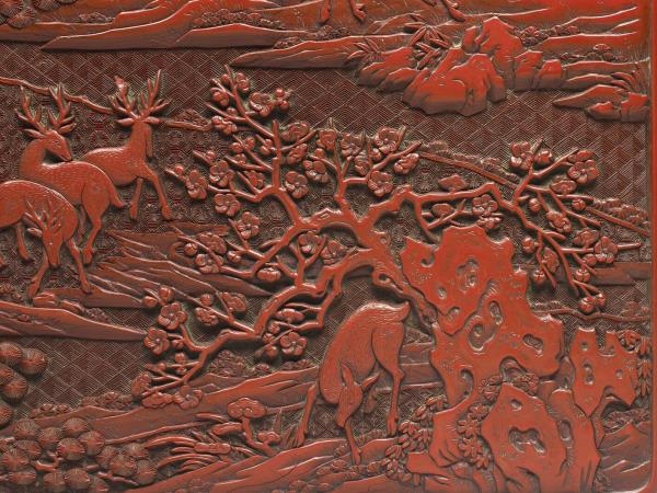 剔紅鹿苑長春圖多寶格長方盒