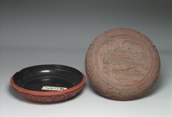 剔紅樓閣人物圖捧盒