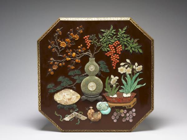 嵌玉石博古圖八方盒