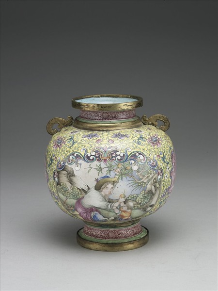 銅胎畫琺瑯山水人物圖雙耳罐