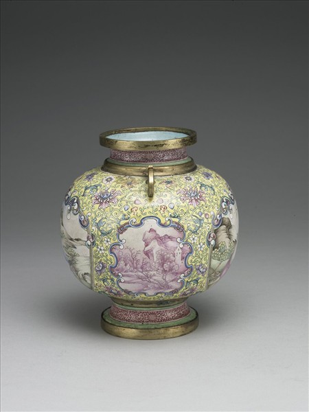 銅胎畫琺瑯山水人物圖雙耳罐