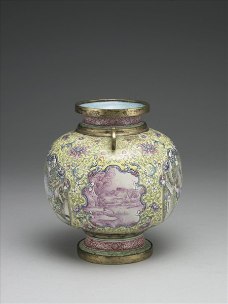 銅胎畫琺瑯山水人物圖雙耳罐