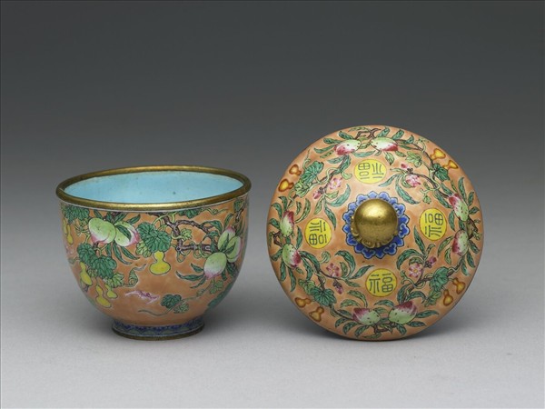 銅胎畫琺瑯粉橘地福壽杯