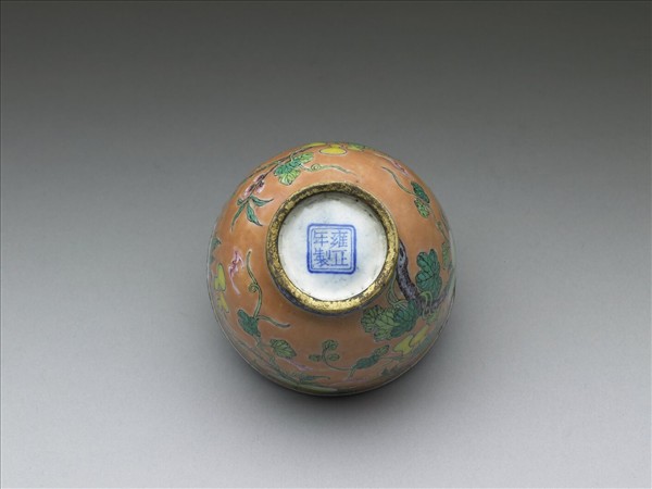 銅胎畫琺瑯粉橘地福壽杯