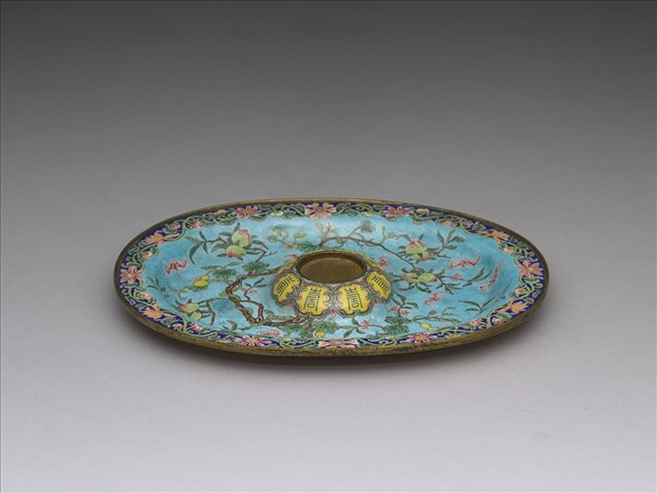 銅胎畫琺瑯粉橘地福壽托