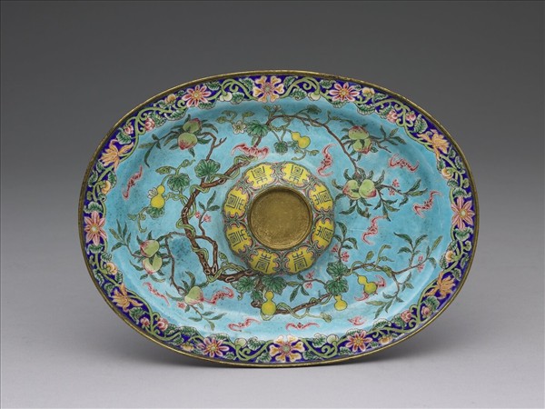 銅胎畫琺瑯粉橘地福壽托