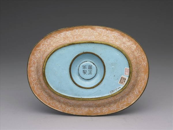 銅胎畫琺瑯粉橘地福壽托