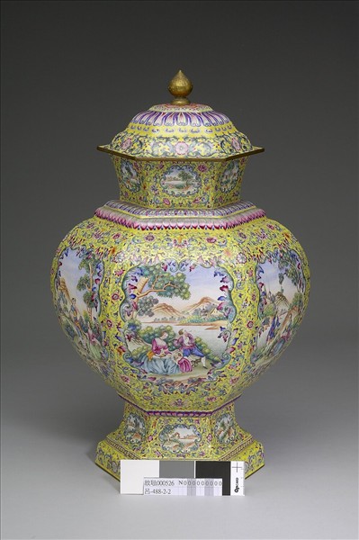 銅胎畫琺瑯六角黃地蓋罐