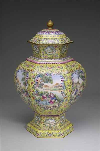 銅胎畫琺瑯六角黃地蓋罐