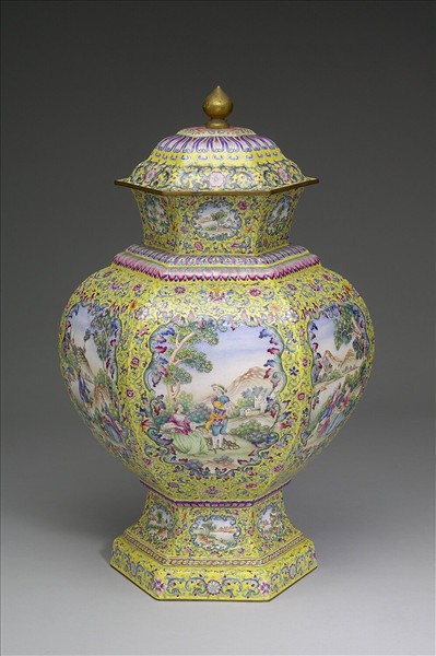 銅胎畫琺瑯六角黃地蓋罐