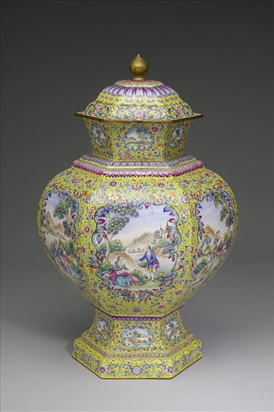 銅胎畫琺瑯六角黃地蓋罐