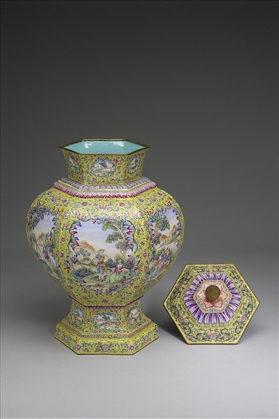 銅胎畫琺瑯六角黃地蓋罐