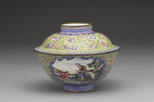 銅胎畫琺瑯黃地彩花蓋碗