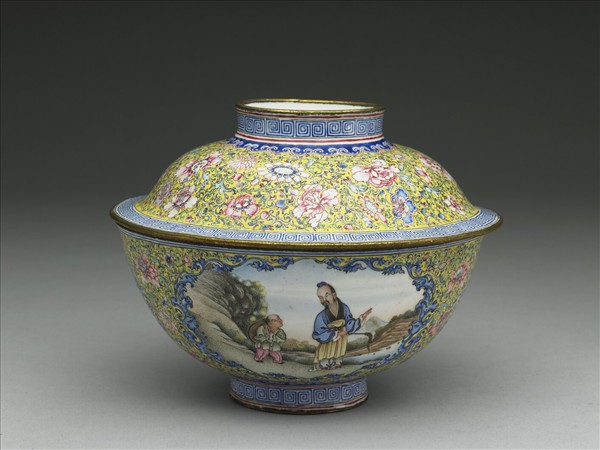 銅胎畫琺瑯黃地彩花蓋碗