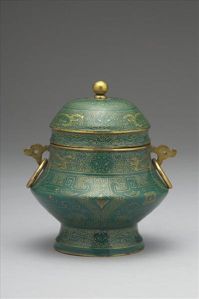 銅胎畫琺瑯雷紋獸耳銜環蓋罐