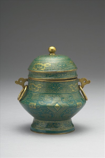 銅胎畫琺瑯雷紋獸耳銜環蓋罐