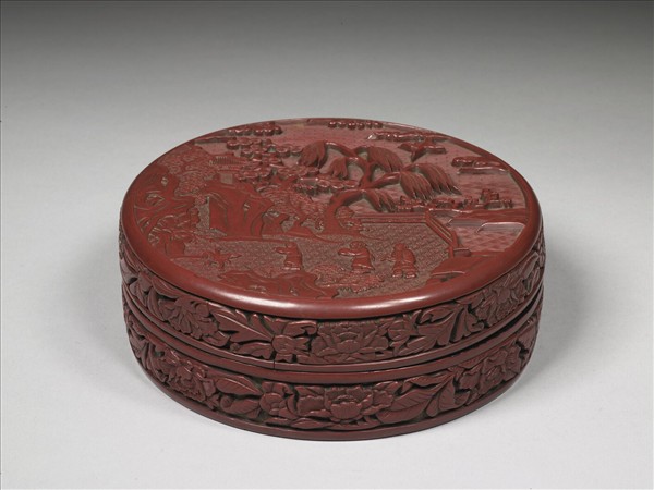 剔紅放鶴圖圓盒