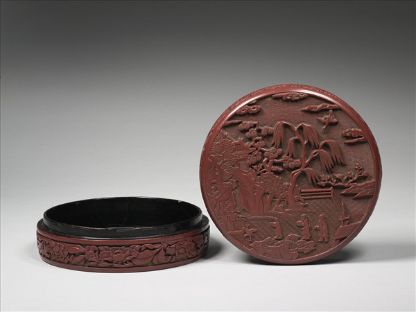 剔紅放鶴圖圓盒