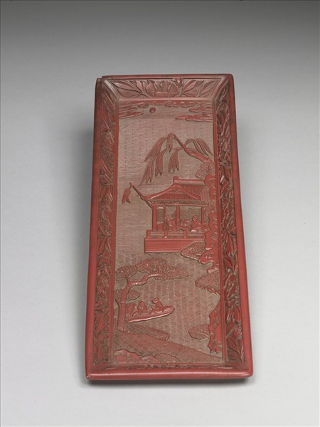剔紅江岸人物長方盤