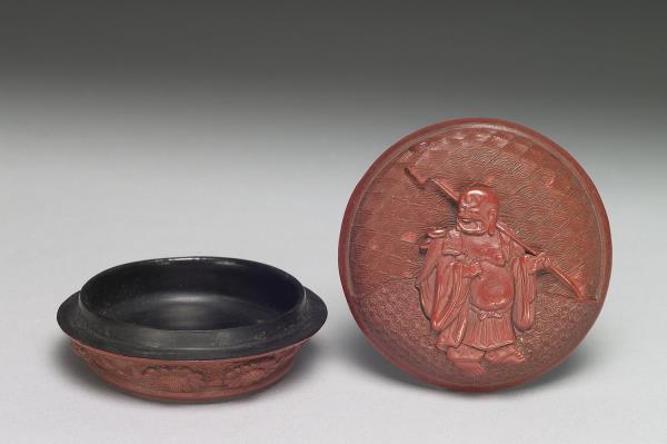 剔紅布袋彌勒人物圓盒