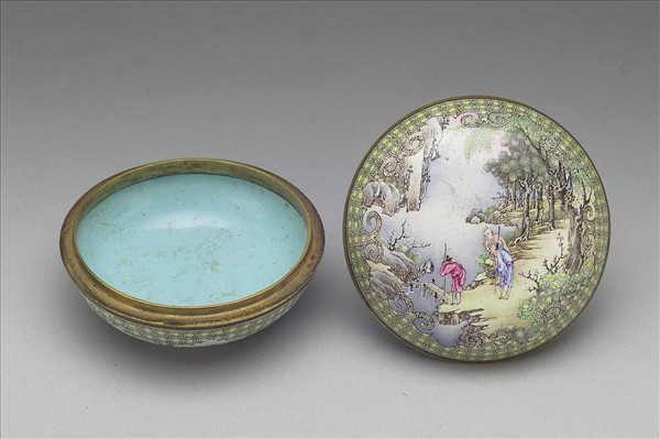 銅胎畫琺瑯山水人物圖盒