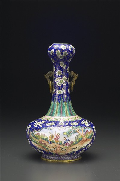 銅胎畫琺瑯雙耳蒜頭瓶