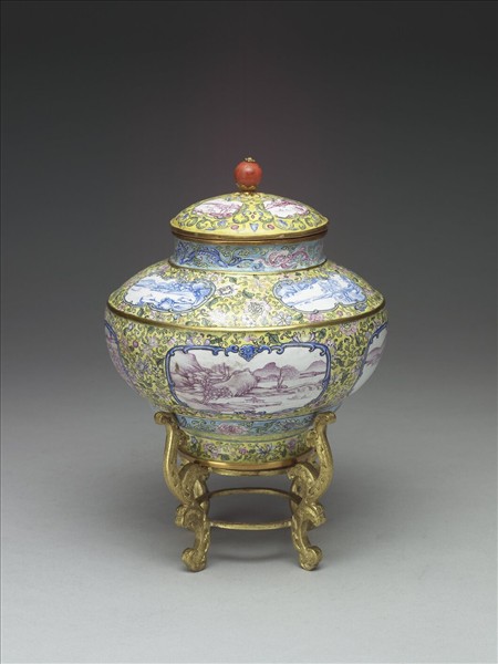 銅胎畫琺瑯風景蓋罐