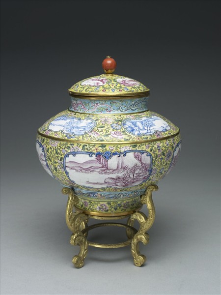 銅胎畫琺瑯風景蓋罐