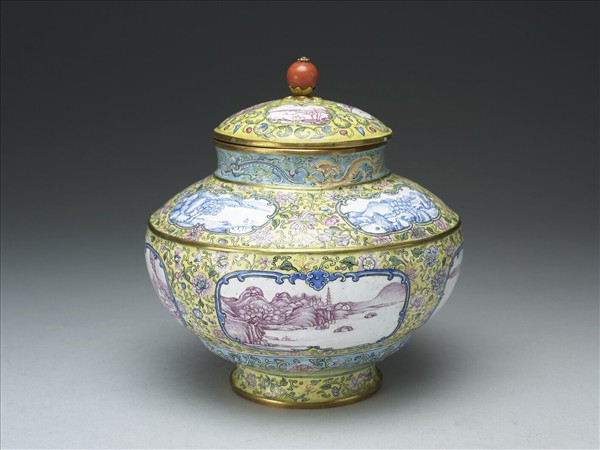 銅胎畫琺瑯風景蓋罐