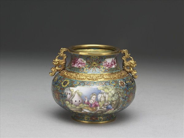 金胎掐絲兼畫琺瑯螭耳罐