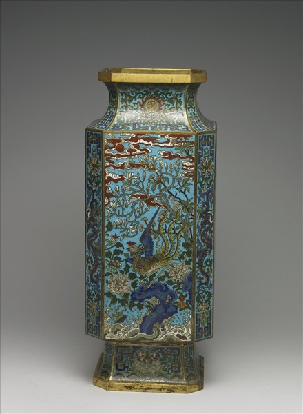 銅胎掐絲琺瑯丹鳳朝陽八方瓶