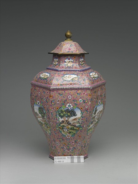 銅胎畫琺瑯西洋風景六方蓋罐