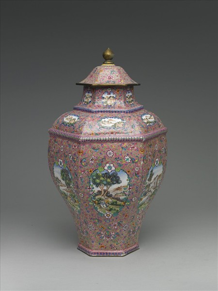 銅胎畫琺瑯西洋風景六方蓋罐