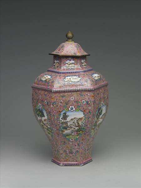 銅胎畫琺瑯西洋風景六方蓋罐