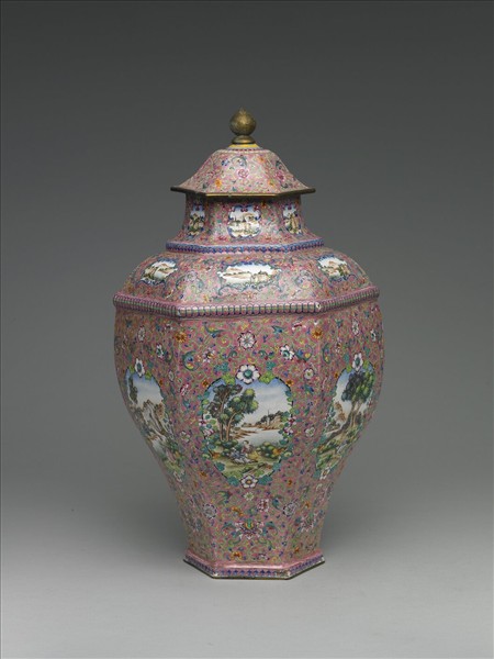 銅胎畫琺瑯西洋風景六方蓋罐