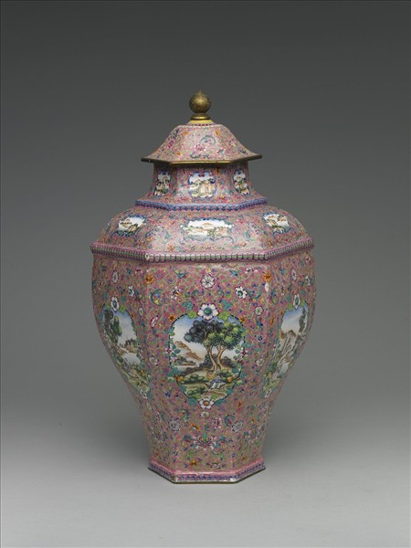 銅胎畫琺瑯西洋風景六方蓋罐