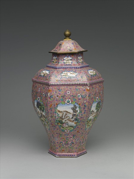 銅胎畫琺瑯西洋風景六方蓋罐