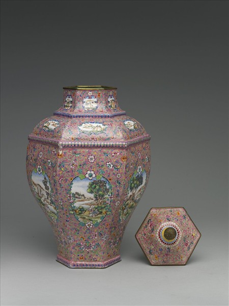 銅胎畫琺瑯西洋風景六方蓋罐