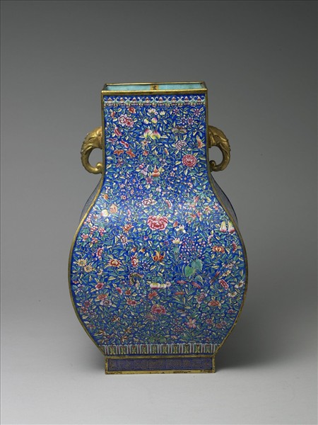 銅胎畫琺瑯雙耳方瓶