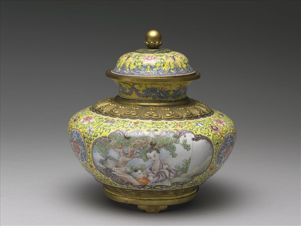 銅胎畫琺瑯山水人物圖蓋罐