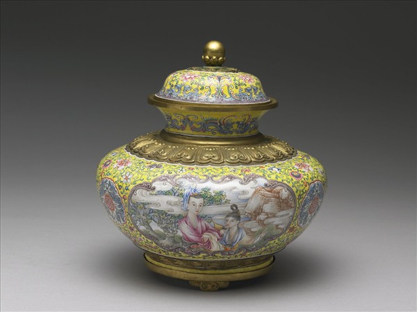 銅胎畫琺瑯山水人物圖蓋罐