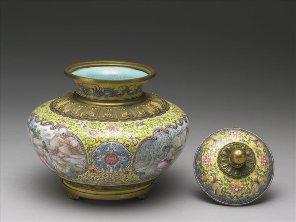 銅胎畫琺瑯山水人物圖蓋罐