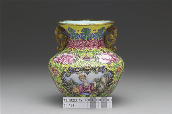 銅胎畫琺瑯西洋人物雙耳罐