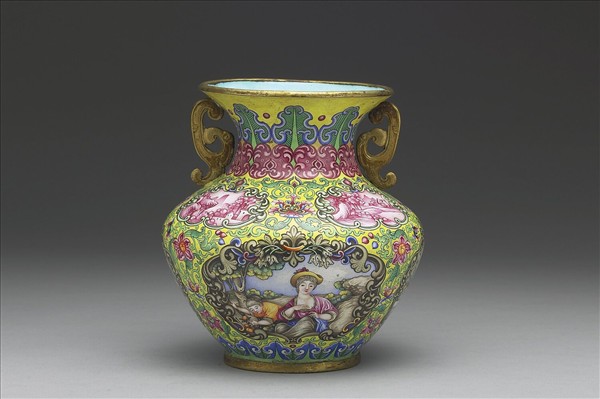 銅胎畫琺瑯西洋人物雙耳罐