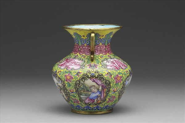 銅胎畫琺瑯西洋人物雙耳罐