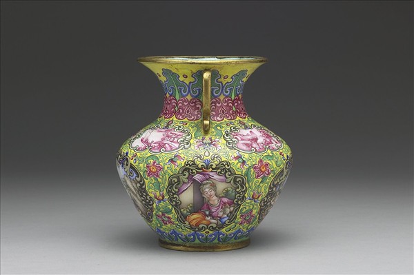 銅胎畫琺瑯西洋人物雙耳罐