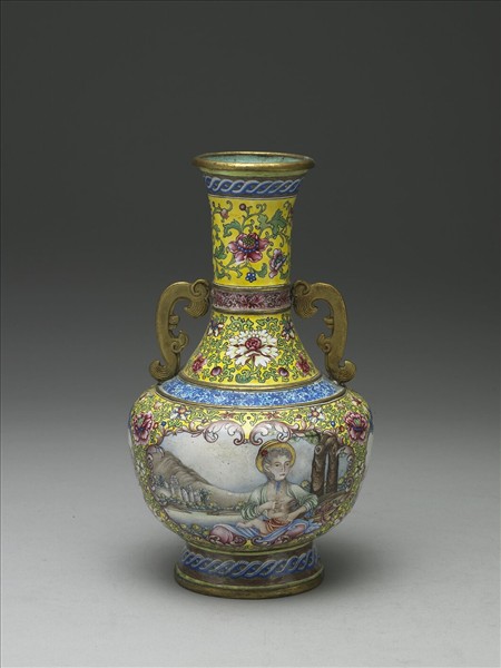 銅胎畫琺瑯帶耳長頸瓶